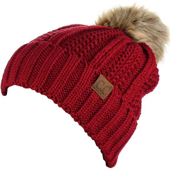 C.C Thick Cable Knit Faux Fuzzy Fur Pom Fleece Lined Skull Cap Cuff Beanie main image 4
